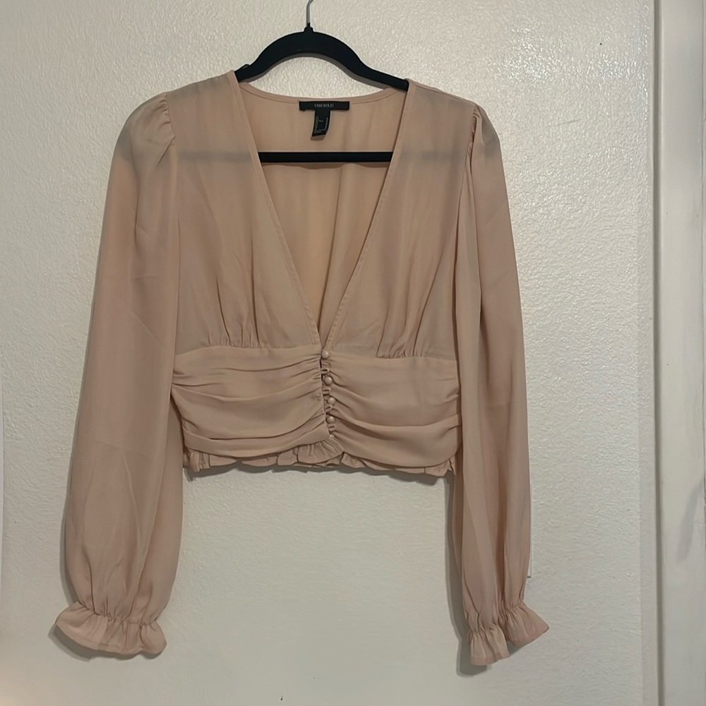 Pink button up plunge blouse